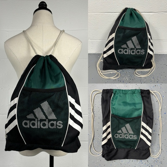 Vintage 90s ADIDAS Black Green 3S Drawstring Sackpack Backpack Blokecore Ladcore - Picture 1 of 16